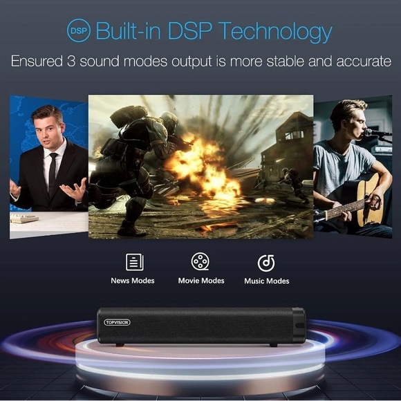 TOPVISION 50W Sound Bar, 16-Inch 3 Equalizer Modes, Wireless Bluetooth 5.0 - Picture 3 of 6